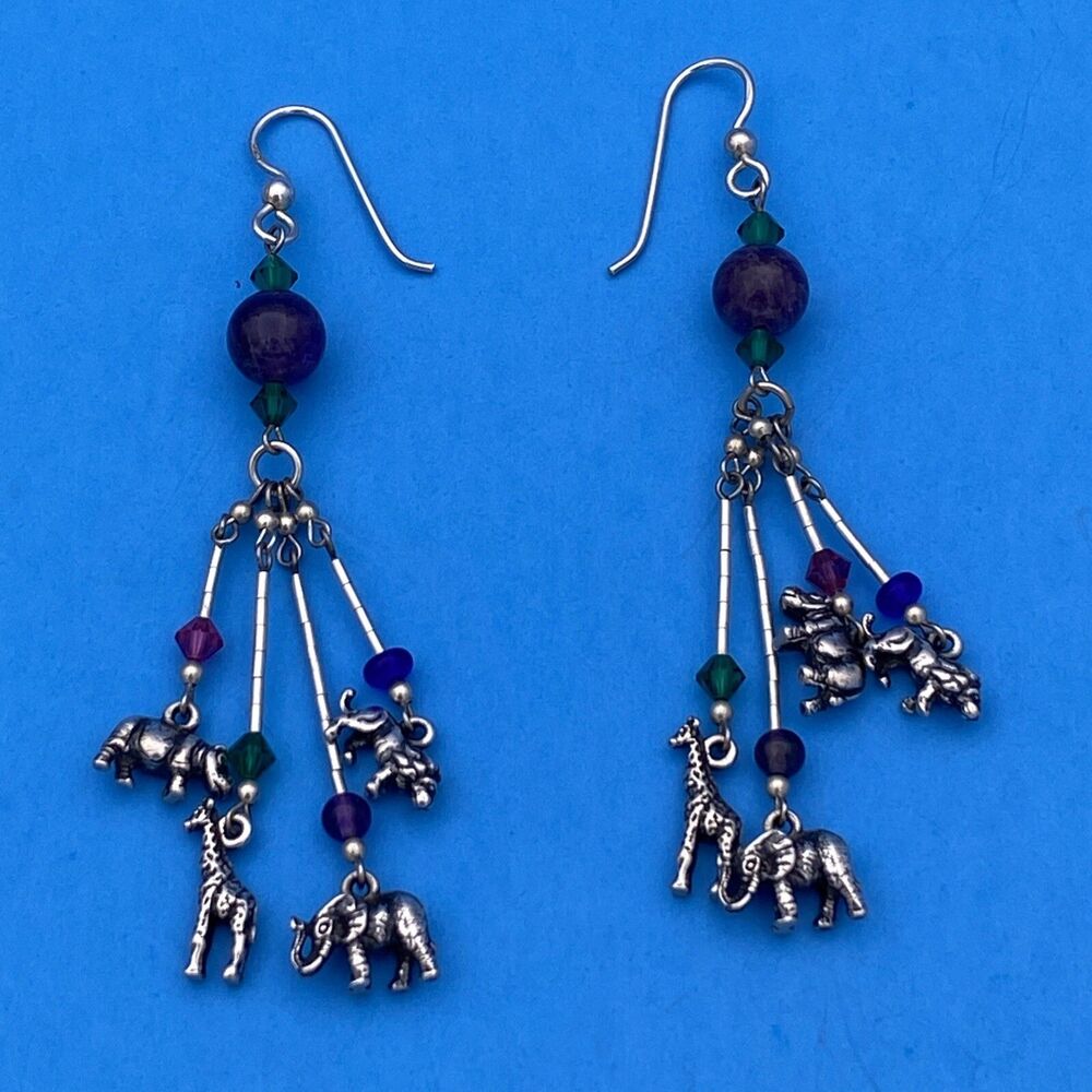 Vintage Sterling Silver Dangle Giraffe, Lion, Elephant, Hippo, Safari Earrings